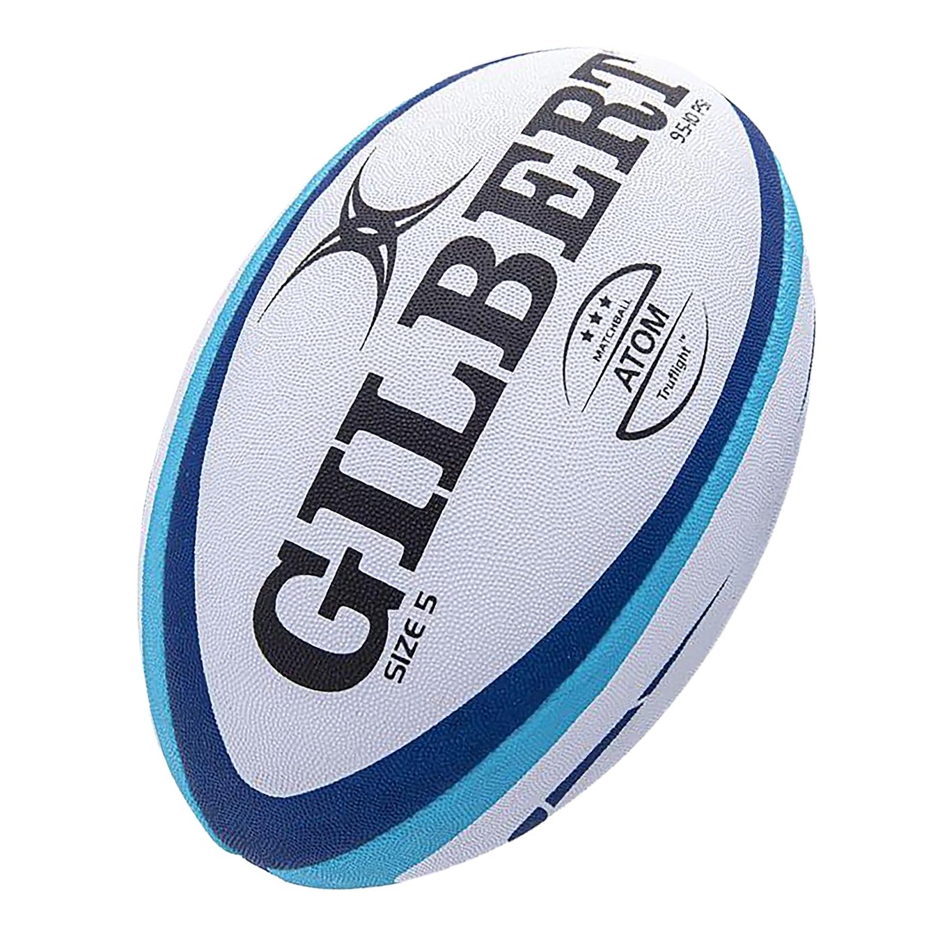 Gilbert Atom rugby match ball showing textured G-SR rubber surface and Truflight valve for reliable grip and air retention