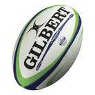 Ten Gilbert Barbarian 2.0 Size 5 rugby balls neatly stacked inside a breathable black Gilbert training bag bundle