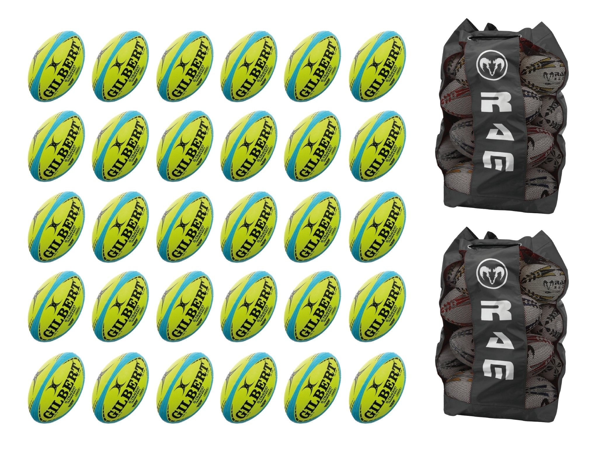 Gilbert G-TR4000 Trainer Neon rugby ball bundle with 30 fluorescent size 5 balls and 2 breathable carry bags