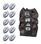 Ten Gilbert Kinetica rugby match balls stacked inside a breathable black mesh bag for senior club-level training sessions