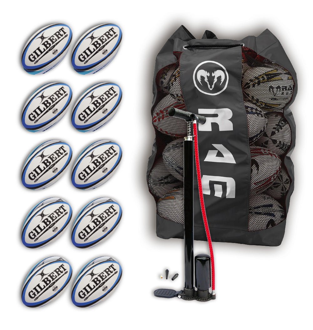 Set of 10 blue Gilbert Omega match rugby balls with breathable carry bag, ideal for training and official games, size 5