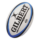 Gilbert Omega Match Rugby Ball in white and black, hand-stitched durable design, size 3 with 3-ply polycotton laminate