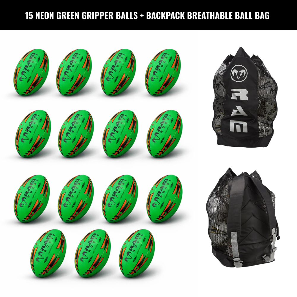 Ram Rugby Gripper 2.0 Pro Trainer Neon Ball Bundle (15 balles et 1 sac)