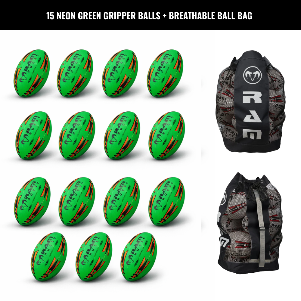 Ram Rugby Gripper 2.0 Pro Trainer Neon Ball Bundle (15 balles et 1 sac)