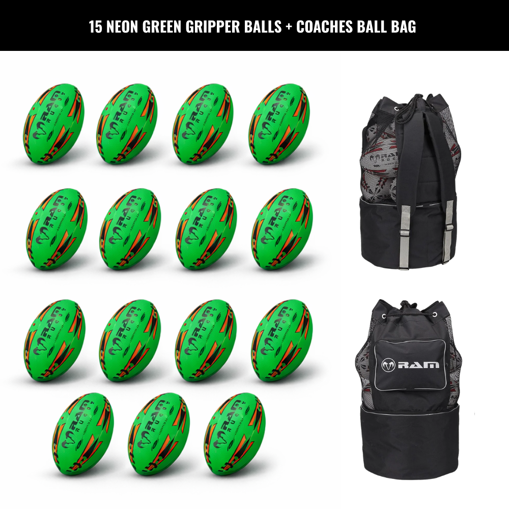 Ram Rugby Gripper 2.0 Pro Trainer Neon Ball Bundle (15 balles et 1 sac)