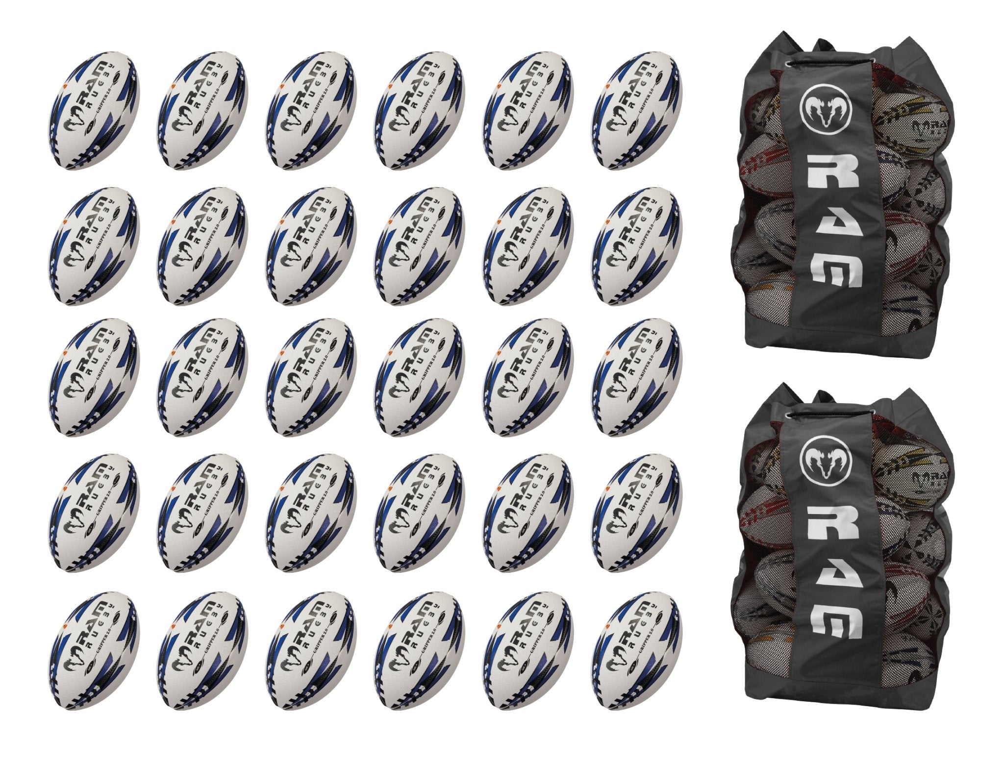 Thirty Ram Rugby Gripper 2.0 Pro Trainer Rugby balls neatly stacked with two black breathable storage bags included