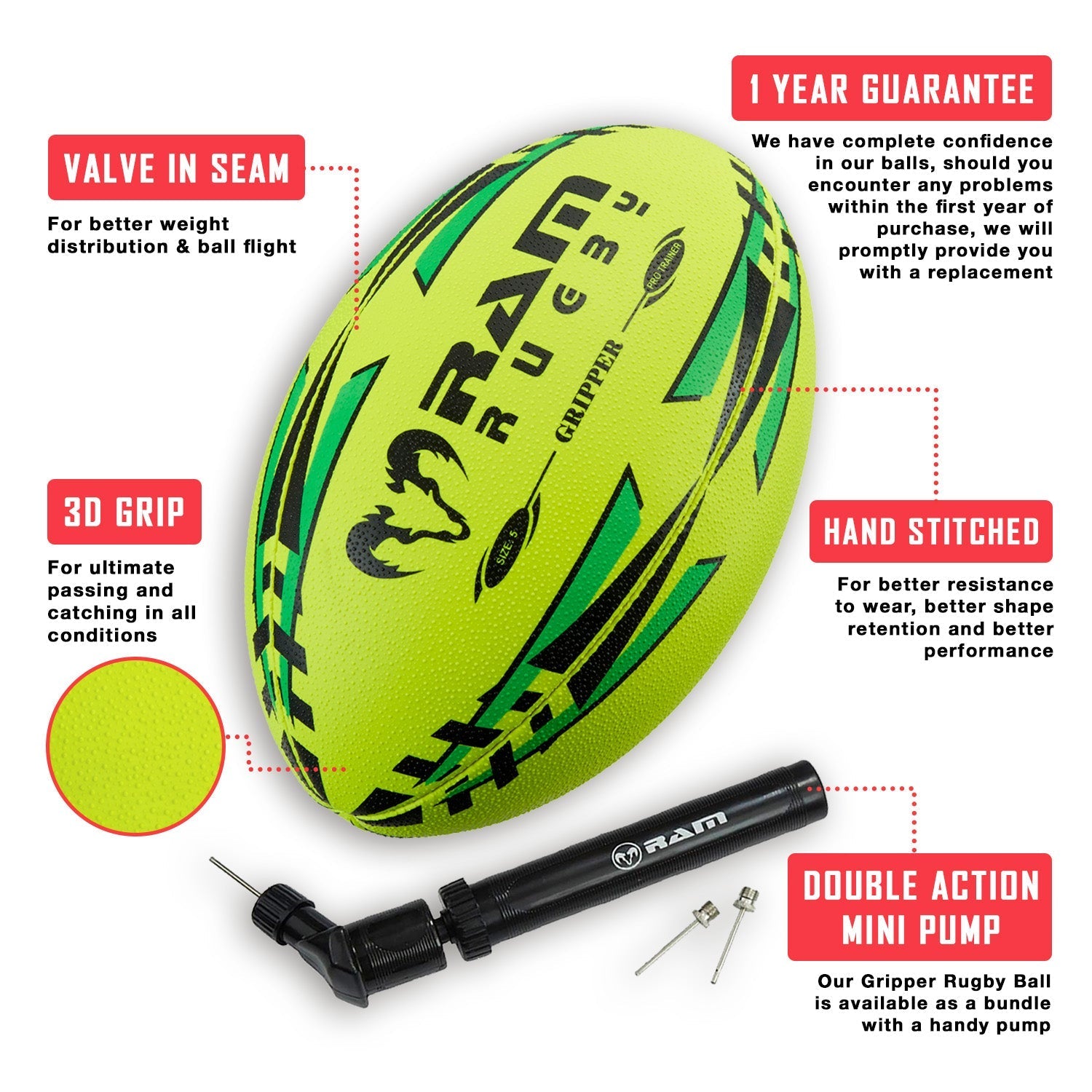 Stack of 30 Ram Rugby Gripper 2.0 Pro Trainer neon yellow, orange, and green rugby balls with two breathable storage bags