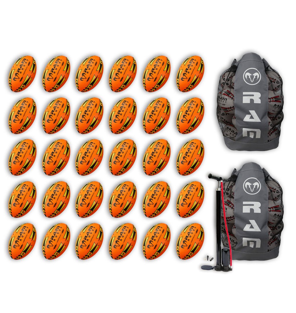 Stacked Ram Rugby Gripper 2.0 Pro Trainer Neon rugby balls in yellow, orange, and green with breathable ball bags for training