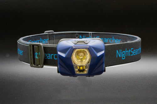 Nightsearcher HeadStar Hybrid Head Torch in black and orange with adjustable strap, showing dual beam design and brightness controls