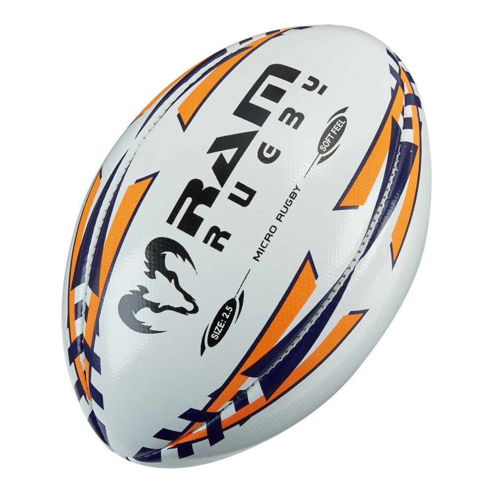 Ram Rugby Micro Soft Feel Training Rugby Ball Size 2.5 in bright colors, lightweight with padded PVC for kids aged 4-6 years