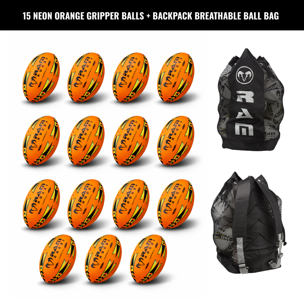 Ram Rugby Gripper 2.0 Pro Trainer Neon Ball Bundle (15 balles et 1 sac)