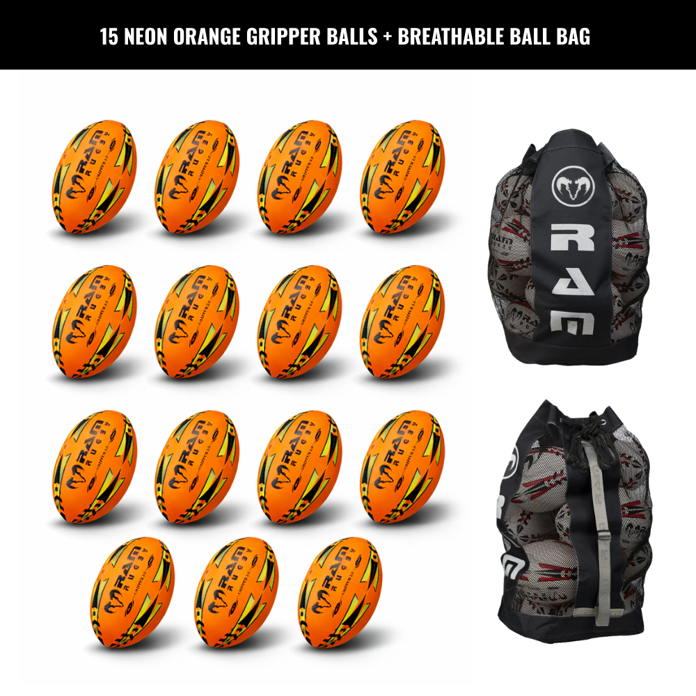 Ram Rugby Gripper 2.0 Pro Trainer Neon Ball Bundle (15 balles et 1 sac)
