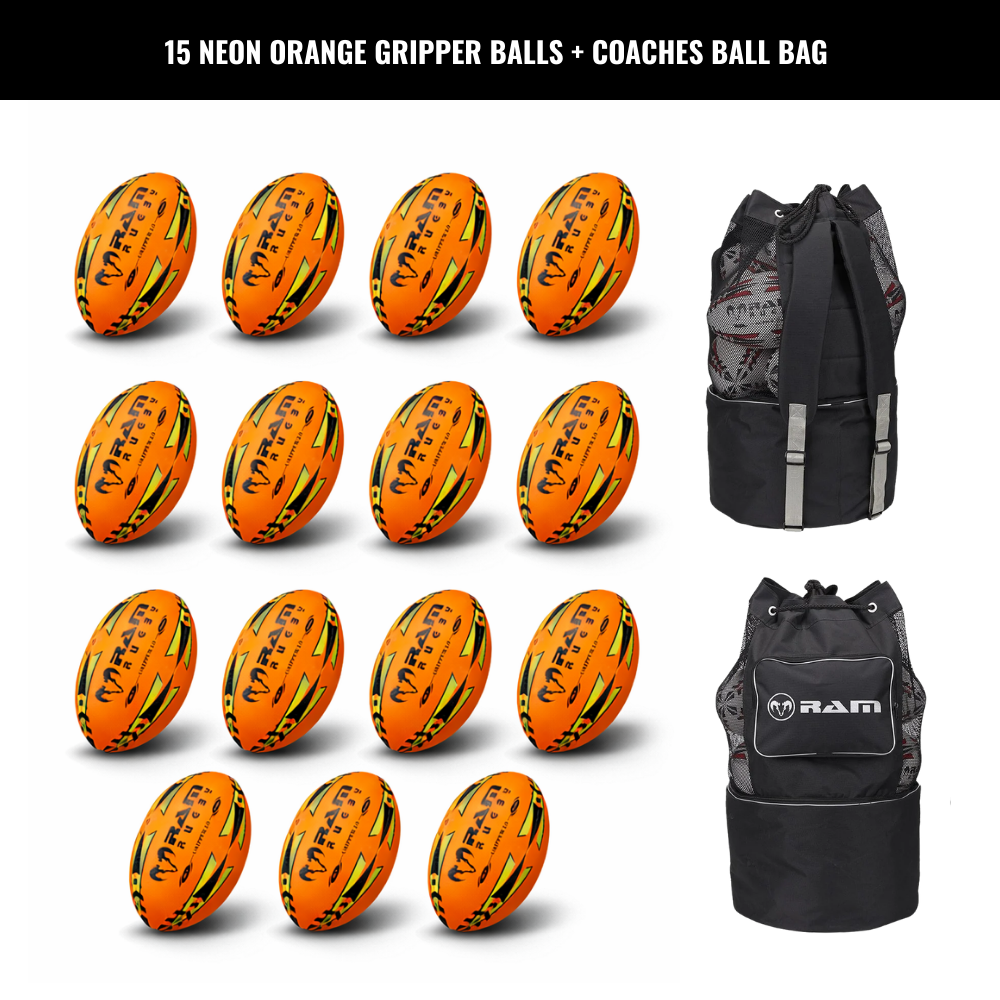 Ram Rugby Gripper 2.0 Pro Trainer Neon Ball Bundle (15 balles et 1 sac)