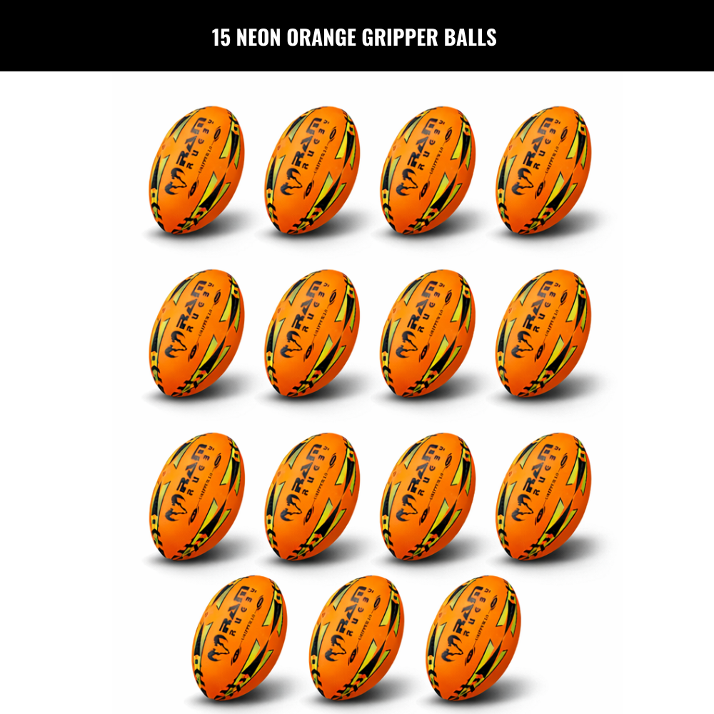 Ram Rugby Gripper 2.0 Pro Trainer Neon Ball Bundle (15 balles et 1 sac)