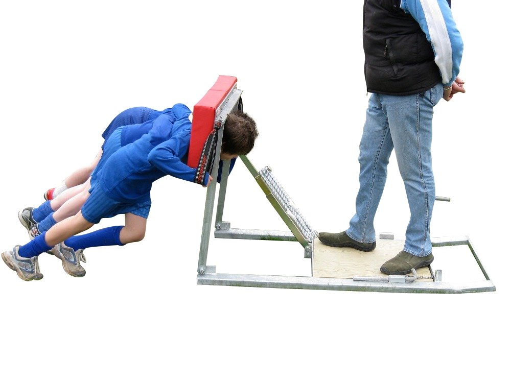 Predator Preppie Junior Scrum Machine with fold-flat design for youth rugby training, lightweight and durable tackling tool in blue