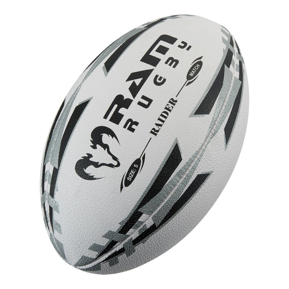 Stack of 15 Ram Rugby Raider 2.0 Black Match Balls neatly placed inside a large breathable black storage bag for rugby training