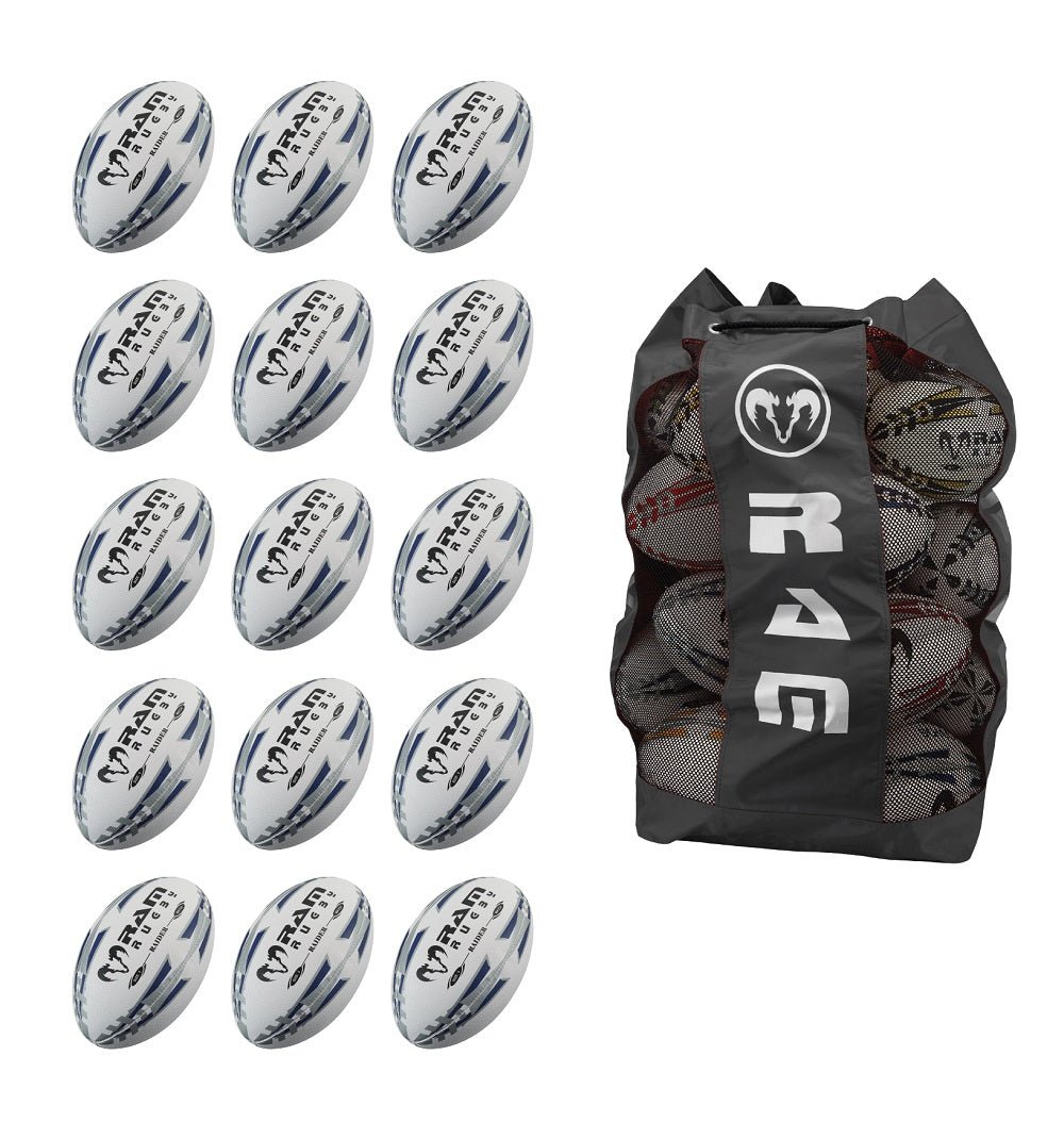 Ram Rugby Raider 2.0 Black Match Ball Bundle showing 15 black size 5 rugby balls neatly arranged with a breathable storage bag