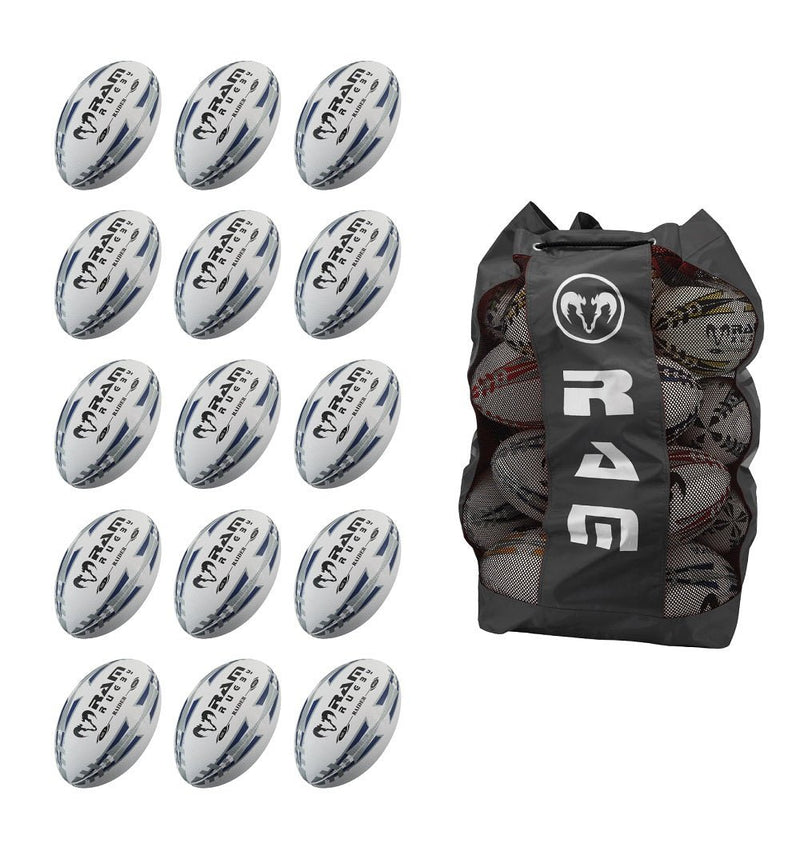 Ram Rugby Raider 2.0 Black Match Ball Bundle showing 15 black size 5 rugby balls neatly arranged with a breathable storage bag