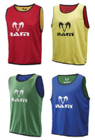 Set of 10 Ram Rugby reversible contact training bibs in green and yellow, made from durable acrylic for rugby practice