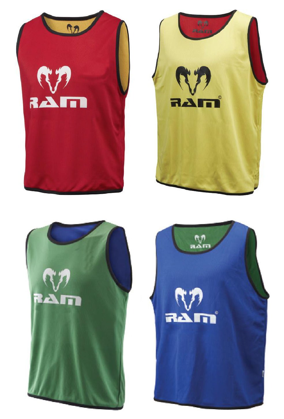 Set of 10 Ram Rugby reversible contact training bibs in green and yellow, made from durable acrylic for rugby practice