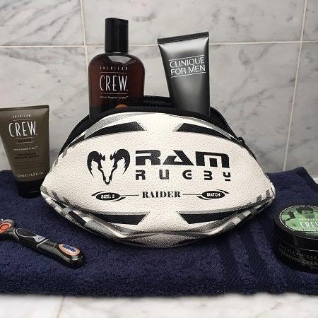 Ram Rugby waterproof rugby ball wash bag in durable rubber, toiletry bag replica of Ram Raider match ball, travel essential