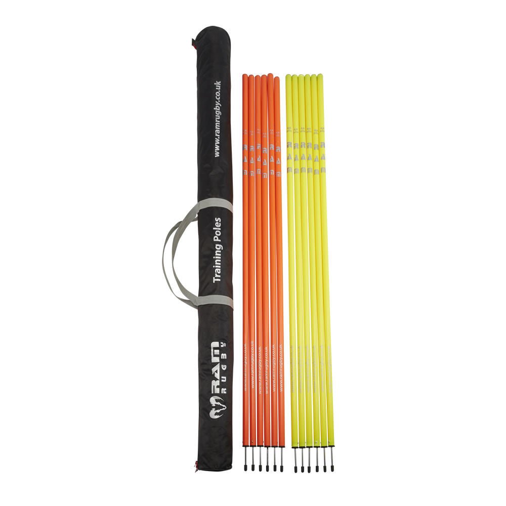 Ram Rugby Standard Training Poles set showing durable yellow and orange PVC agility poles with metal end spikes for fitness drills