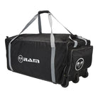 Ram Rugby Team Kit Bag Pro in black Cordura with wheels, spacious compartments, and sturdy end straps for sports gear transport