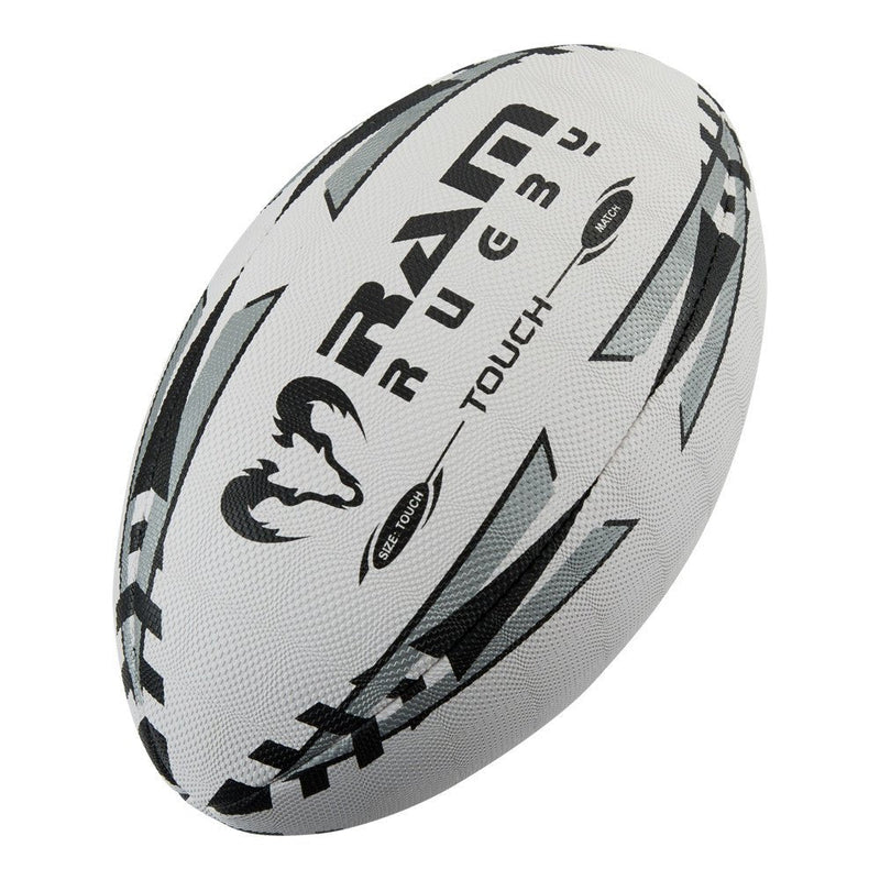 Ram Rugby Touch Match Rugby Ball in white and yellow with textured grip, designed for tag and touch rugby play