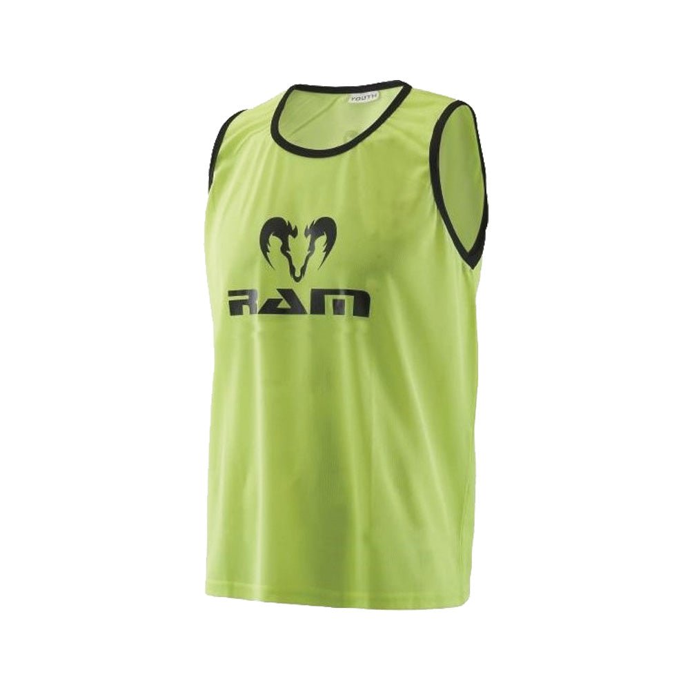 Ram Rugby fluorescent mesh training bibs set showing vibrant colors and breathable polyester for high-visibility sports use