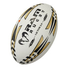 Ram Rugby Victor 2.0 Elite Match Rugby Ball in white with black and red details, 4-ply polycotton for durable flight stability