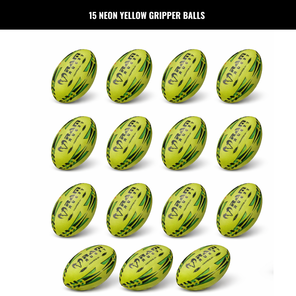 Ram Rugby Gripper 2.0 Pro Trainer Neon Ball Bundle (15 balles et 1 sac)